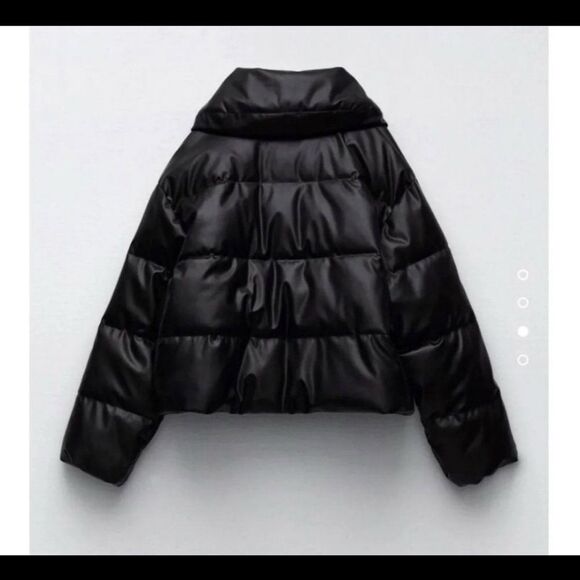 🔥Zara Black Puffer Jacket faux leather sz Small New - Picture 3 of 6